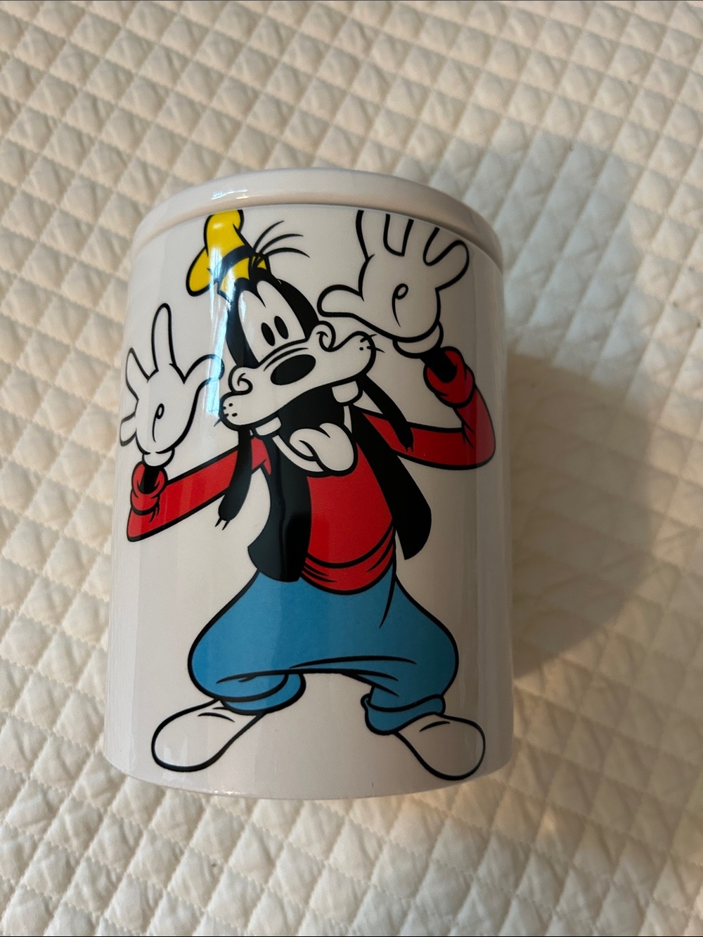 Disney White Mug with Goofy Character Art in Red, Blue, Yellow and Black
